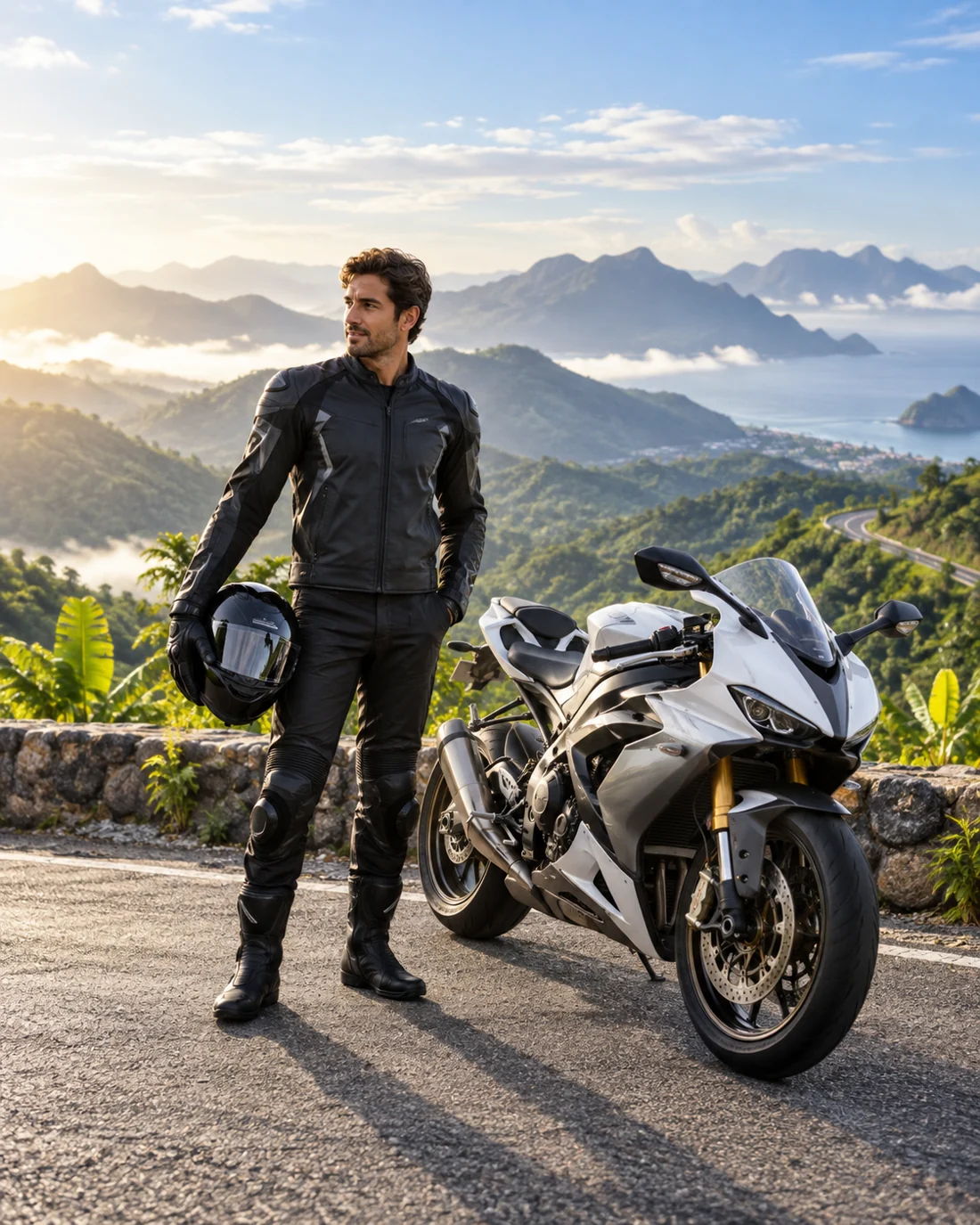 Rider beside a motorcycle overlooking mountain scenery